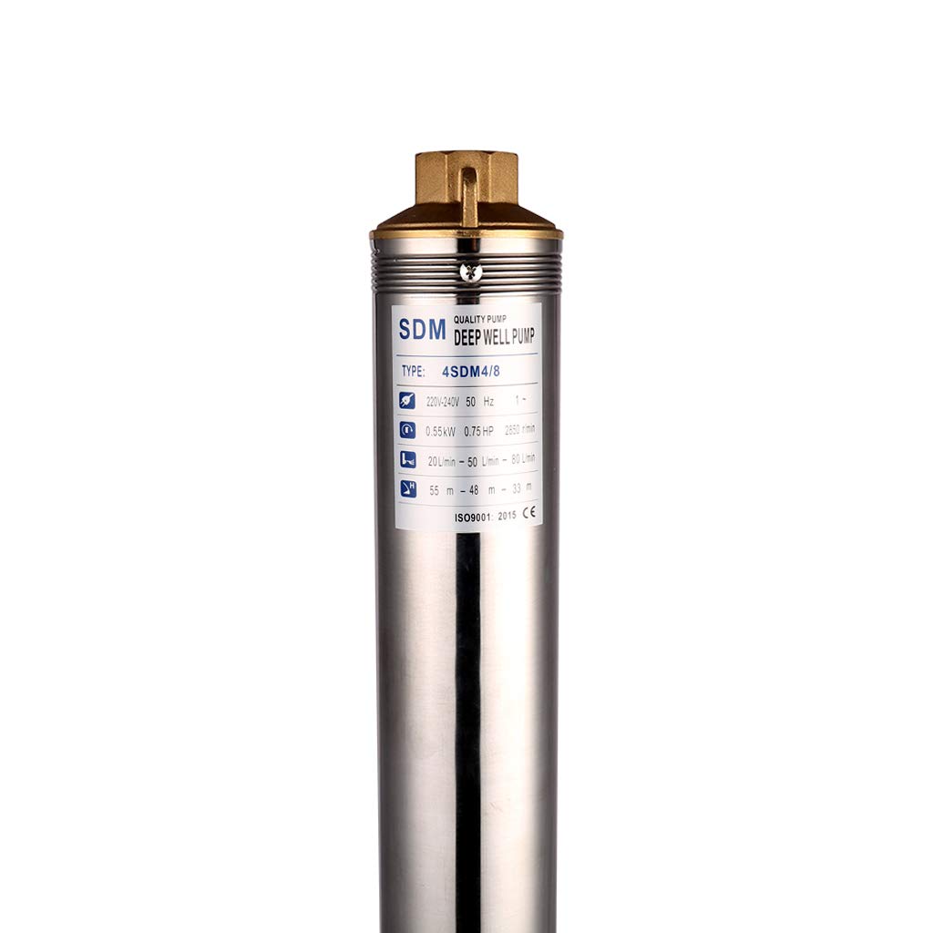 Bombas Sumergibles de Perforación para Pozo Profundo, Acero Inoxidable 220-240V/50HZ 0.55kw/0.75hp Profundidad Hasta 58M para Jardín Riego Agricultura Industrial