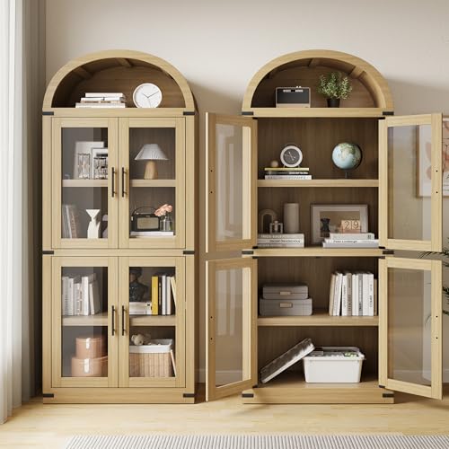 GarveeHome Arched Bookshelf with Doors Farmhouse Bookcase 15.83in Depth Display Storage Shelves 71.4in Tall Wooden Display Cabinet Rounded Bookcases for Living Room, Kitchen, Office (Light Oak)