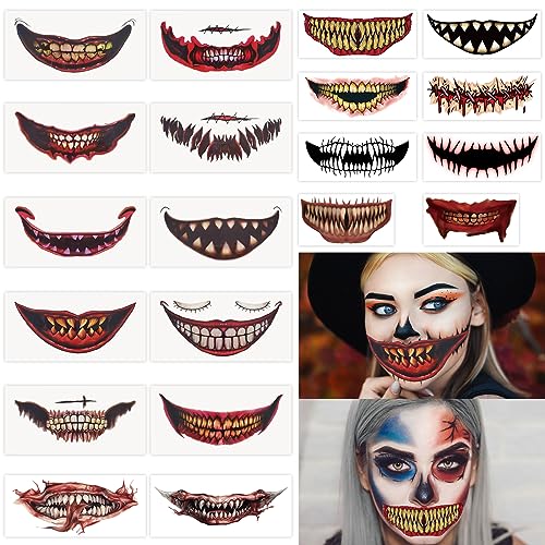 20 PCS Scary Big Mouth Temporary Tattoo 2026 Halloween Realistic Face Stickers Multiple Sizes Clown for Adults Horror Prank Props Make Up Face Decals Cosplay Decor Party Zombie Vampire
