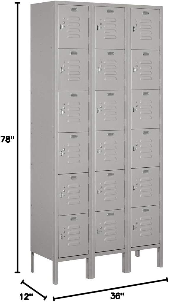 Salsbury Industries Assembled 6-Tier Box Style Standard Metal Locker with Three Wide Storage Units, 6-Feet High by 12-Inch Deep, Gray