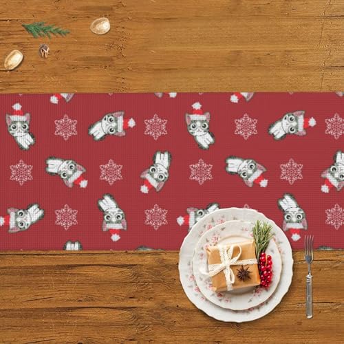 Chemin de table antidérapant chat de Noël avec pompons pour repas festifs