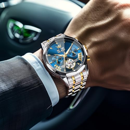 Image of OLEVS Watch Men Luxury Automatic Self Winding Blue Face Two Tone Watch