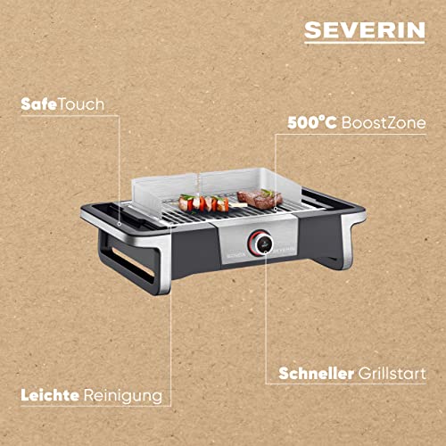 Foto von SEVERIN SENOA DigitalBOOST Elektrogrill für drinnen und draußen, Tischgrill mit schnellem Grillstart bis 500 °C, Balkon Grill mit SafeTouch-Oberfläche, Edelstahl/Schwarz, PG 8114