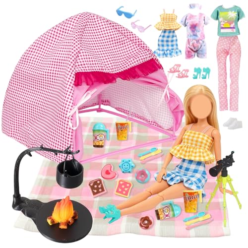 35 Pcs Girl Doll Travel Camping Tent Playset Include Doll Tent Casual Outfits Dress Picnic Mat Telescope Campfire and Food Sets Shoes Glasses Camping Accessories for 11.5 Inch Girl Dolls for Kids