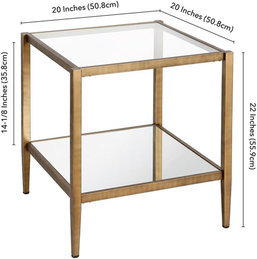 Pemberly Row Modern Metal Glam Side Table, 22 in x 20 in x 20 in, Tempered Glass Top, Mirrored Glass Shelf, Antique Brass Finish, Stylish Living Room or Den Furniture Piece