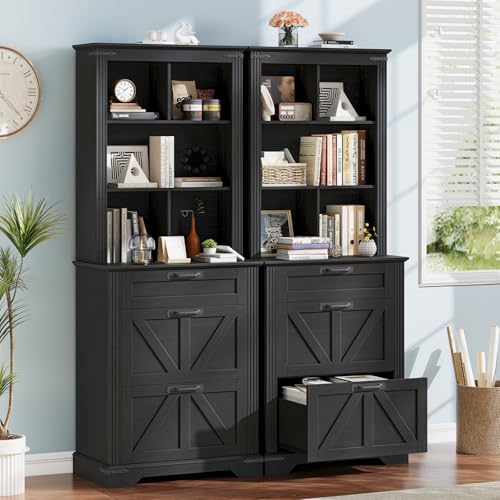 Image of Vabches Farmhouse Bookshelf with 3 Large Drawers, 70 inch Tall Bookcase with 5-Cube Storage Organizer, 3 Tier Wood Display Storage Cabinet for Home Office, Living Room, Rustic Black