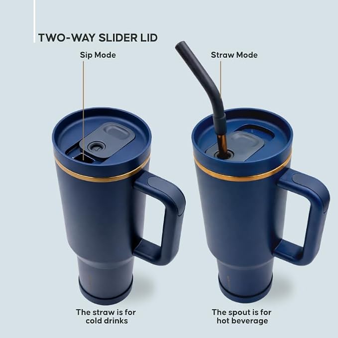 40oz Travel Tumbler Cup with Handle, Two-Way Slider Lid, Stainless Steel Straw with Silicone Tip, Vacuum Insulated Water Bottle for Hot & Cold Drinks, Great Gifts for Mom (Blue Gold)