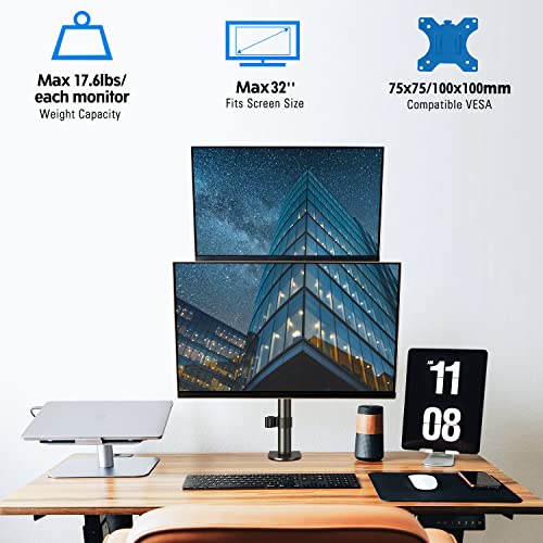 Image of MOUNTUP Dual Monitor Stand, Vertical Mount for 2 Max 32 inch Stack Screen Monitors, Height Adjustable, Swivel, Tilt Monitor Desk Mount with C Clamp Grommet Base, MU3004
