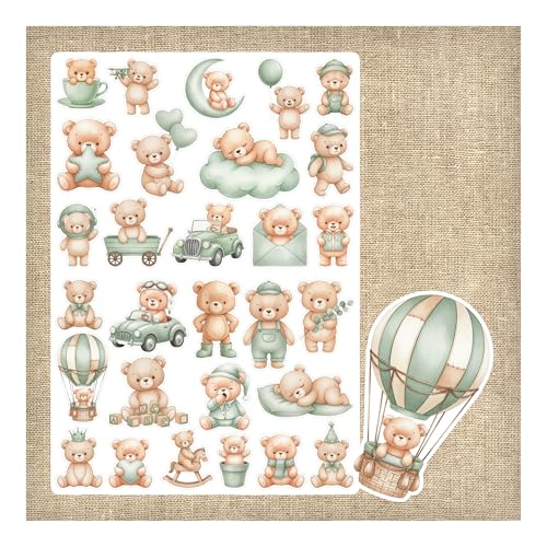 Stickers Oursons – 29 Gommettes Mignonnes Thème Bébé & Enfance – Autocollants aux tons vert sauge - Papier Mat Prédécoupé – 26,5 x 18,5 cm – Décoration...