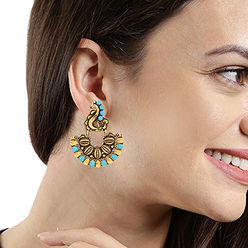 Women's Turquoise Peacock Shaped Oxidised Chandbali Earrings
