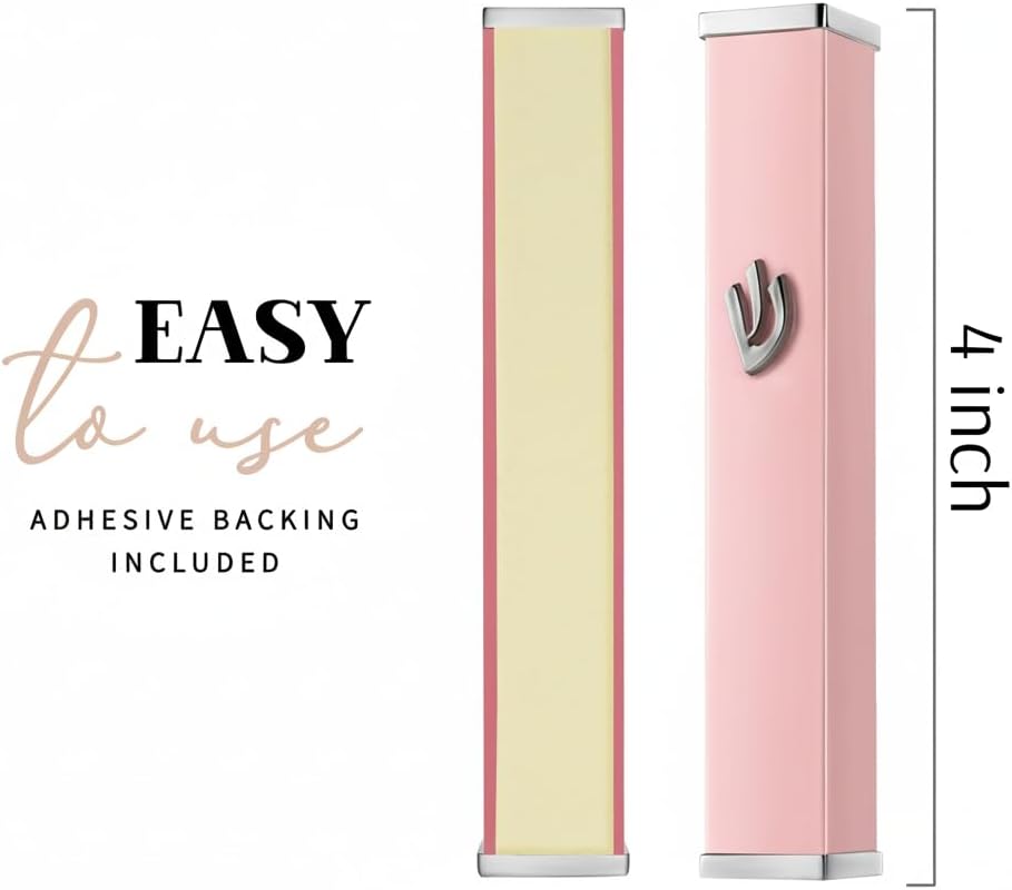 SURI Mezuzah for Door – 3.8 Inch Pink Aluminum Mezuza Holder with Printed Scroll, Contemporary Shin Design, Fits a 3 Inch Scroll, Self-Stick Adhesive, Gift Box Included