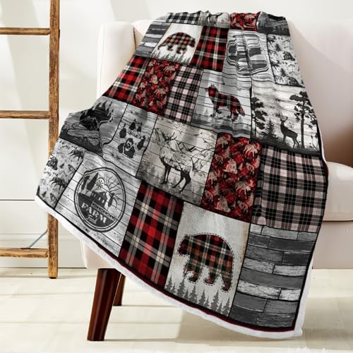 Rustic-Cabin-Throw-Blankets-Farmhouse-Animal-Wolf-Bear-and-Deer-Cozy-Warm-Bed-Couch-Blanket-Plaid-White-Fleece-Flannel-Throws-to-Decorate-The-Room-and-Bedroom Rustic Cabin Throw Blankets Farmhouse Animal Wolf Bear and Deer Cozy Warm Bed Couch Blanket Plaid White Fleece Flannel Throws to Decorate The Room and Bedroom