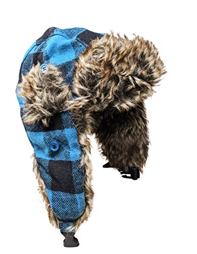 Unisex Trapper Hats | Winter Hat with Ear Warmers | Russian Faux-Fur Hat | Aviator Hat for Men and Women | Bomber Hat | Lumberjack Hat | Trooper Snow Hat with Ear Flaps. (Blue and Black Plaid)