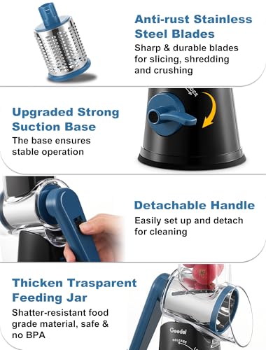 Image of Geedel Rotary Cheese Grater Hand Crank, Cheese Shredder Vegetable Slicer | 5 Blades, 430 Stainless Steel, 12x Fast Cutting, Strong Suction Base, No BPA, Dishwasher Safe, for Cheese, Veggie, Nut