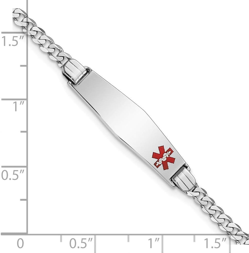 Engravable Personalized Custom 14K White Gold Medical Soft Diamond Shape Red Enamel Flat Curb Link ID Bracelet For Men or Women Length 7 inches Width 7.5 mm