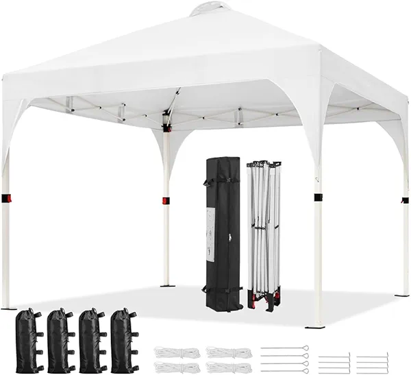 Yaheetech 10x10 Pop Up Canopy Tent with Vent, Easy Set Up Tent, Instant Sun Shelter Canopy with Wheeled Bag, 4 Sandbags, 12 Stakes & 4 Ropes, for Parties, Beach, Outdoor, Silver-Coated White