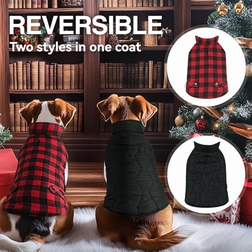 VIVAGLORY Softjoy Hundemantel, Wintermantel mit Bauchschutz, Hundejacke für Winter & Weihnachten, Warm Softshell Kariert Schnittmuster Verstellbar, M, Schwarz Rot