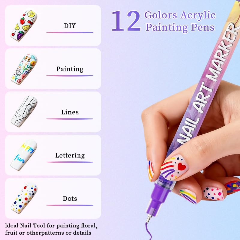 12 Colors Nail Art Pens Set – 3D Nail Art Marker & Polish Pens with Fine Liner Brush for Drawing, Painting & DIY Manicure Designs, Nail Art Beauty Tools Kit (1 Set) image 4