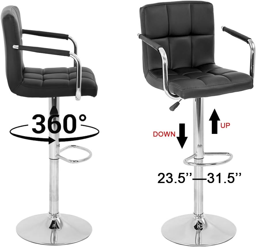 BestOffice Modern Bar Stool Set of 2 Barstools Armrest Height Adjustable Counter Stools Bar Chairs Swivel Bar Stool PU Leather Hydraulic Dining Room Chairs Home Kitchen Stools (Black)