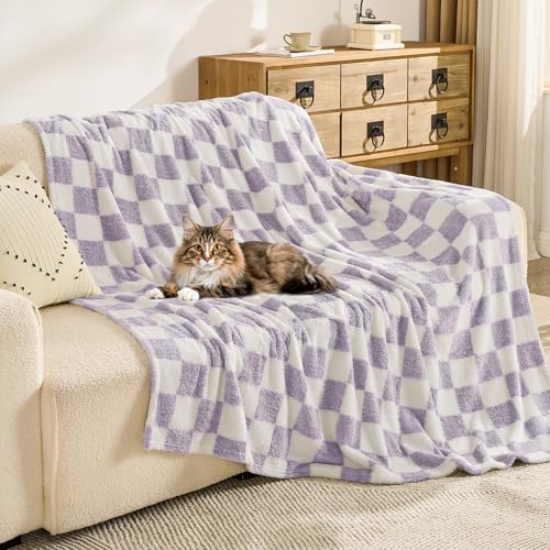 Image of EMME Checkered Blanket Twin Size - 60 inchx80 inch Lavender Knit Blanket Soft Fluffy Patterned Throw Blankets for Couch, Sofa, Chair, Bed, Camping, Picnic, Travel