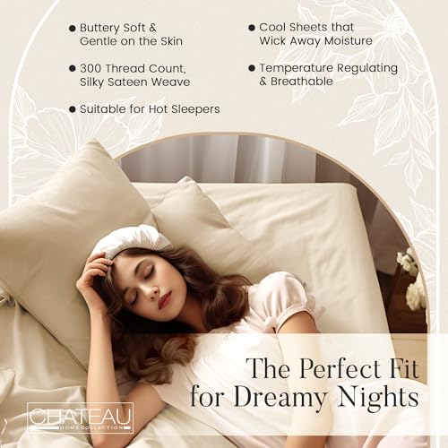 100% Organic Cotton Sheets For Twin Bed, 300TC Fully Elasticated Twin Fitted Sheet & Pillowcase Sets, Fade Resistant Soft & Comfy Deep Pocket Sheets Machine Washable,Naturally Cool & Breathable– Ivory