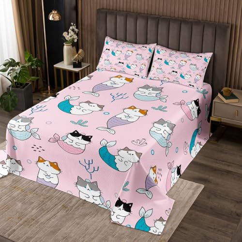 Feelyou Kids Cute Kitten Coverlet Set King Size, Mermaid Cat Quilted Coverlet Boys Girls Cats Print Bedspread Kawaii Teens Bedroom Decor 3Pcs