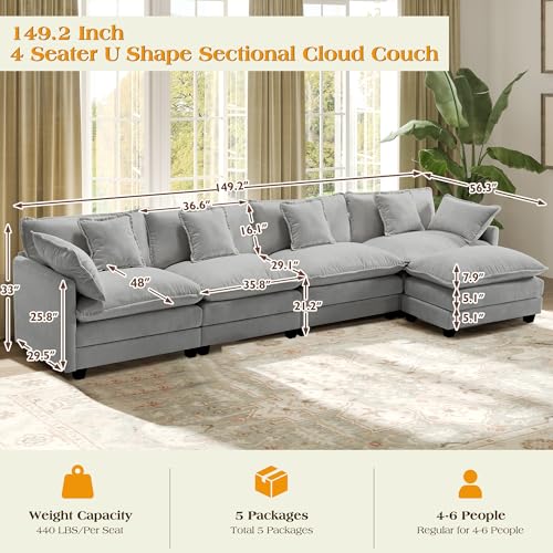 Image of 149.2 inch Modular Sectional Sofa,L Shaped Couch for Living Room,Modern Deep Seat Sofa 4 Seater Chenille Fabric Comfy Cloud Couches with Throw Pillows & Movable Ottoman