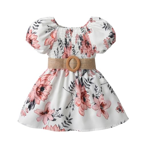 Kumsolu Vestido de manga corta para bebé niña, vestido de manga corta con patrón floral, blanco, 4-5 Años