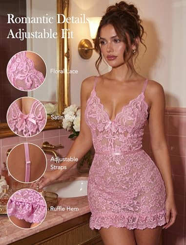 Image of Girece Sexy Lingerie for Women Babydoll Lingerie Dress Lace Chemise Nightgown with Adjustable Straps, Ruffle Hem G String