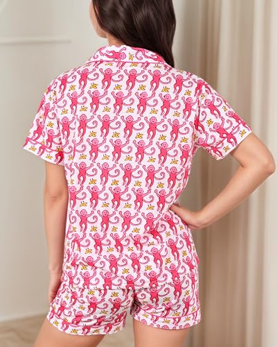 Womens 2 Piece Pajamas Set, Monkey Print Soft Button Down Vacation Beach Shorts Set Y2k Preppy Loungewear Pjs3