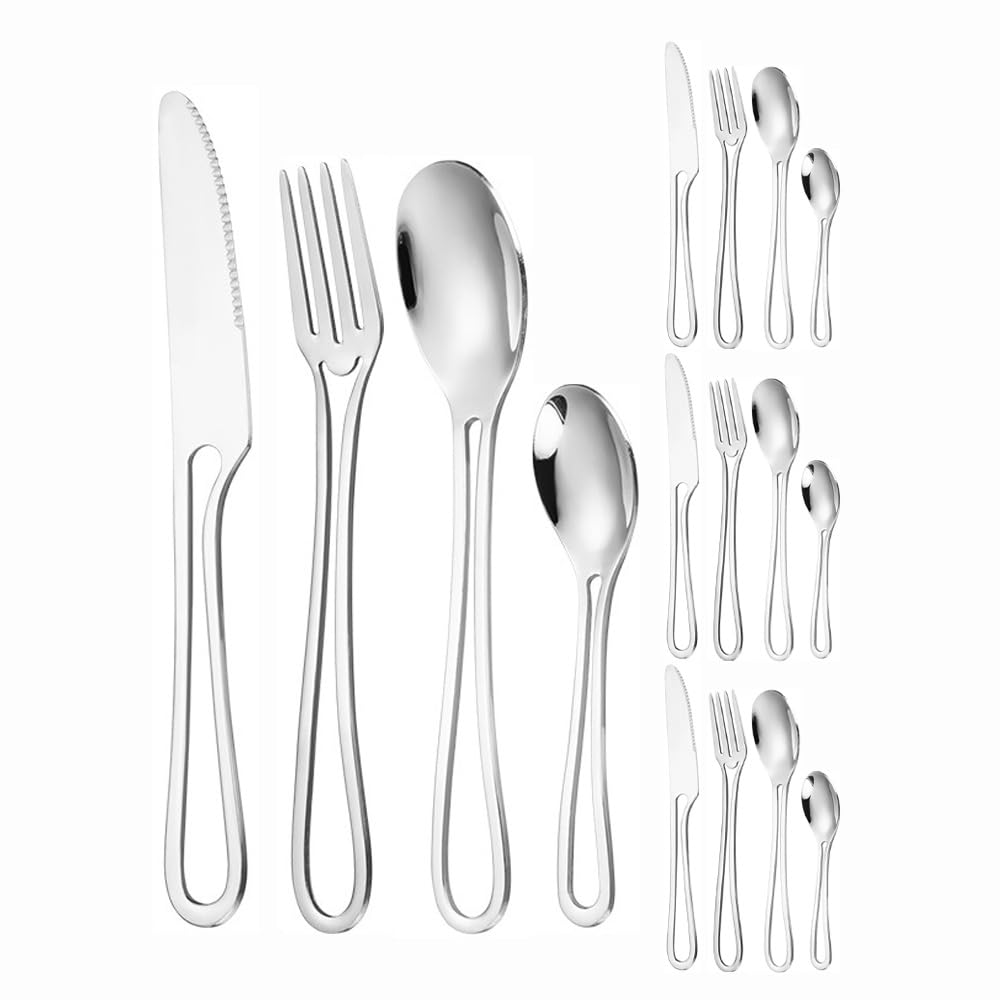 Manico Cavo Cucina in Acciaio Inox Argenteria Stoviglie Posate Set Posate Bistecca Coltello Forchetta Cucchiaio Cucchiaino (Argento,16 pezzi)