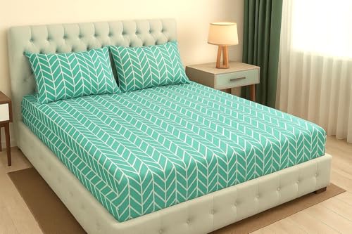 Image of DECOR2ADMIRE 300 TC Premium Glace Cotton Solid Lines Pastel Shades Bedsheet for Double Bed with 2 Pillow Covers for Home (Solid Zig-Zag Green, Double 90 inch x 100 inch)