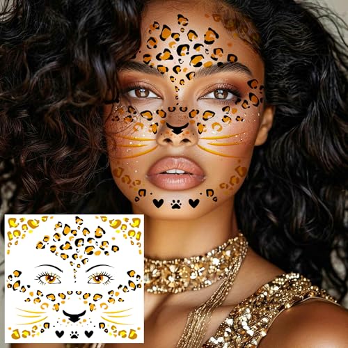 Image of 6 Sheets Glitter Gold Metallic Leopard Print Temporary Tattoos For Face Tattoos Halloween Costume, Realistic Flash Golden Panther Pattern Fake Tattoos Face Makeup Freckles Decals Cosplay Party Favors