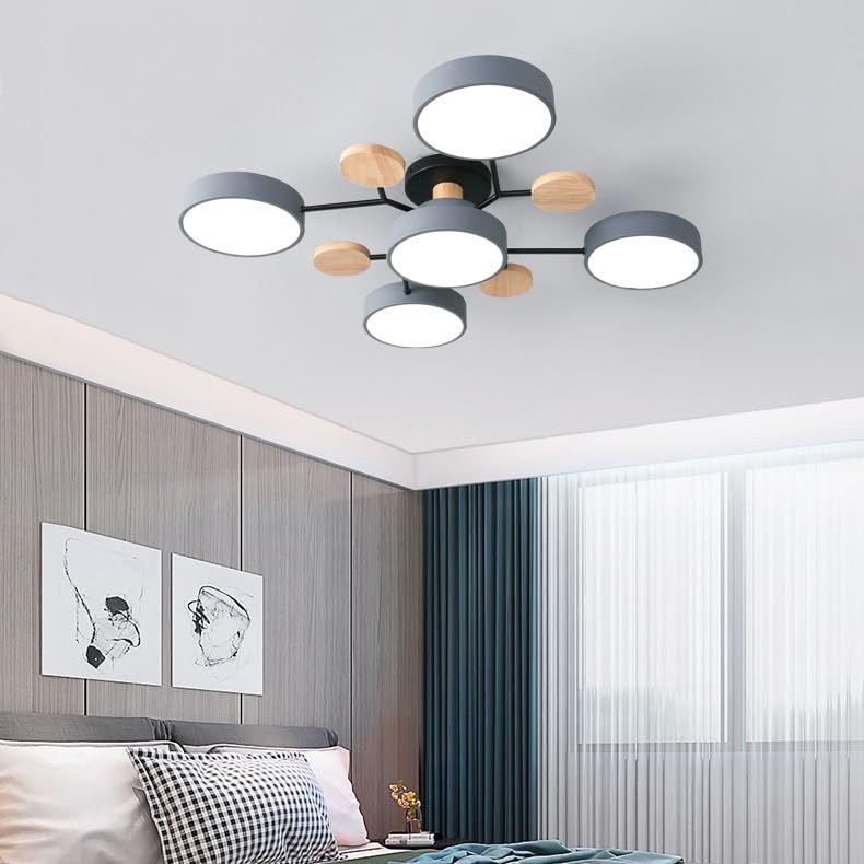 Lustre LED moderne haut de gamme en bois et acrylique gris à 5 branches