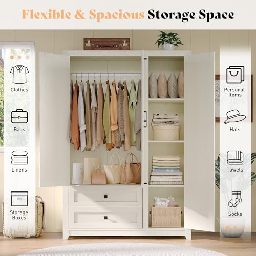 image for AMERLIFE Farmhouse 3 Door Wardrobe Closet with 2 Drawers & Hanging Rod