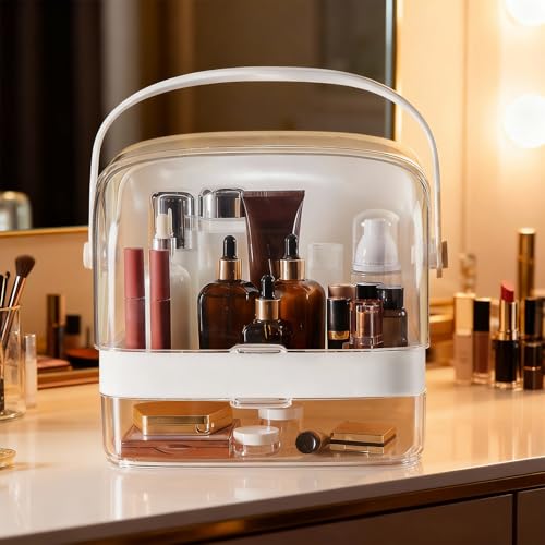 Image of Amazon Basics Glossy ABS+PET Cosmetic Storage Organizer | 27 x 20.5 x 32 cm | 2 Compartments | Waterproof & Dustproof Lid | White