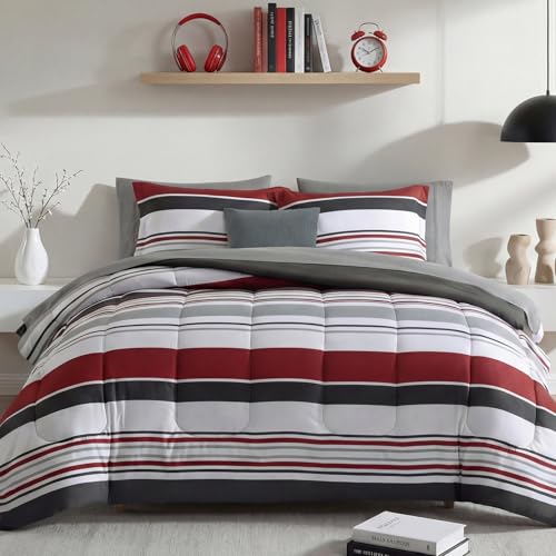Image of Monbix Queen Comforter Set - 7 Pieces Bed in a Bag Queen, Red and Black-Stripe Bedding Sets, All Seasons Comforter Bed Set with Sheets, Pillowcases & Shams