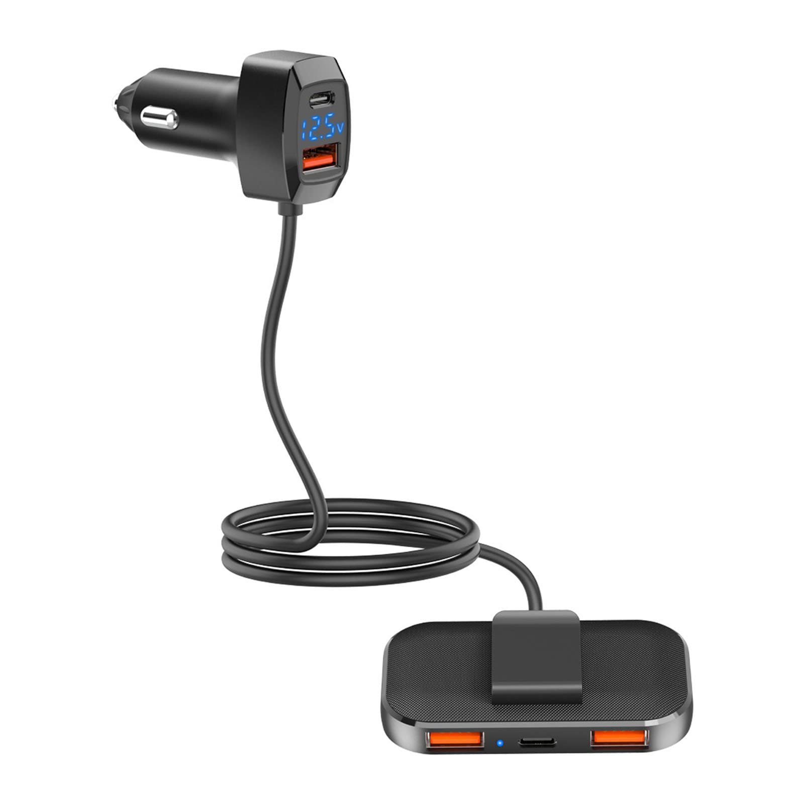 Adaptador de cargador de coche USB de 5 puertos múltiples para múltiples dispositivos, adaptador de coche con cable para carga de asiento trasero, adaptador de cargador de coche de 5 puertos