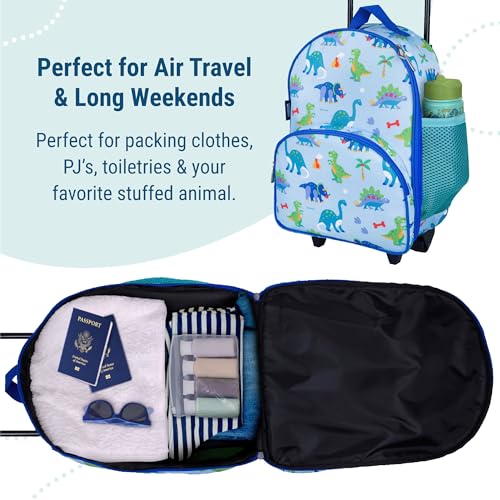 Image of Wildkin Kids 16 Inch Rolling Luggage for Boys & Girls - Lightweight Carry-On Suitcase with Telescoping Handle & Rolling Wheels for School, Travel & Overnight Trips (Dinosaur Land)