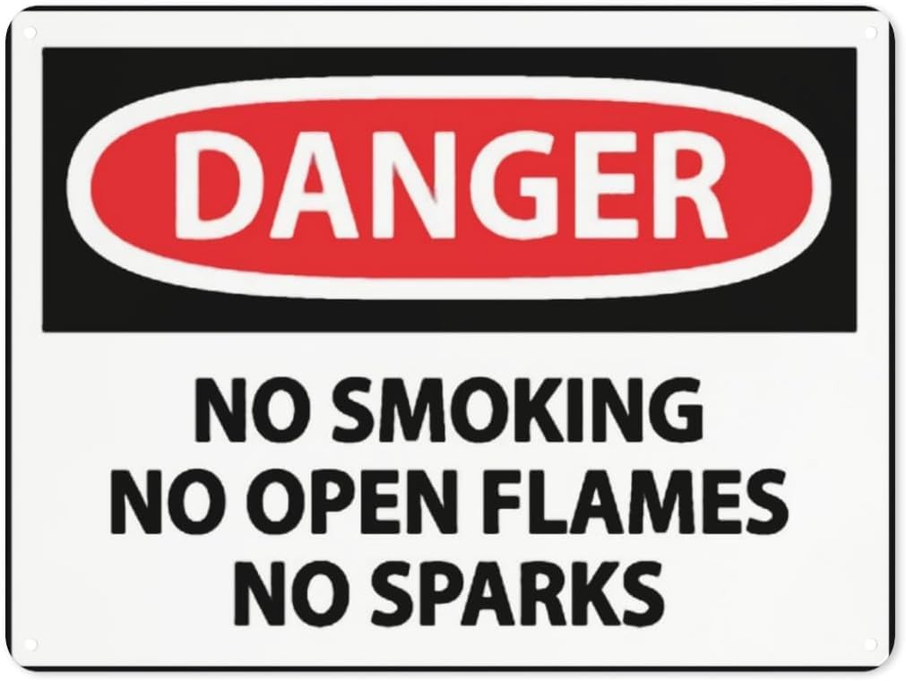 Warning Notice Danger No Smoking Open Flames Sparks Rust Free Aluminum Tin Sign - Traffic Safety Decor with Pre-Drilled Holes for Workplace, Flammable Zone - 12x8 Inch​
