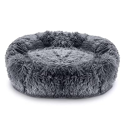 Pawamore Stress Relief Anxiety Pet Calming Comfort Round Noodle Donut Cushion Nest Cat Dog Bed with Warm Soft Plush Removable Cover (Extra large | 80cm Diameter, Dark Grey)