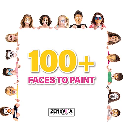 Zenovika Face Paint Kit For Kids - 60 Jumbo Stencils, 15 Large Water Based Paints, 2 Glitters - Halloween Makeup Kit, Professional Face Paint Palette, Safe For Sensitive Skin, Face Painting Book #TOP3