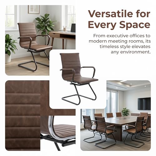 Image of HNY Leather Office Guest & Reception Chairs Set of 2, Modern Waiting Room Chairs with Arms, Desk Chair no Wheels with Sled Base for Waiting Room /Conference Room, Retro Brown