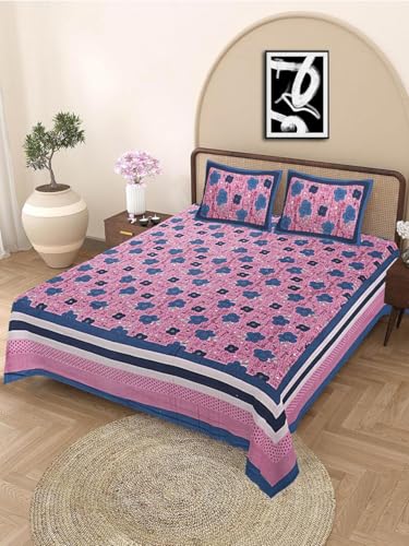 Image of Indian Hand Block Printed 200 TC Cotton Double Bedsheet with 2 Pillow Covers 90 By 100 Inches