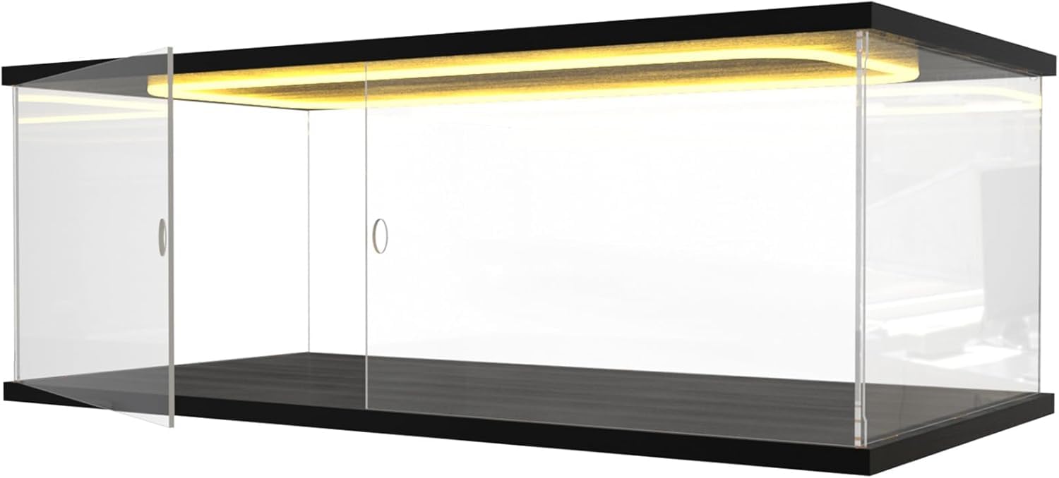 DuvinDD Vitrina acrílica con iluminación LED para Lego Ferrari Daytona SP3 para Lego McLaren P1 para Porsche 911 – 60 x 30 x 20 cm – Caja protectora transparente contra el polvo con base negra