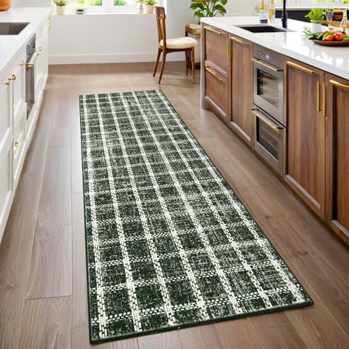 2x6 Runner Rug Non-Slip Washable Low-Pile - Checkered Braided Geometric Print for Kitchen Bathroom Hallway Entryway Indoor Green