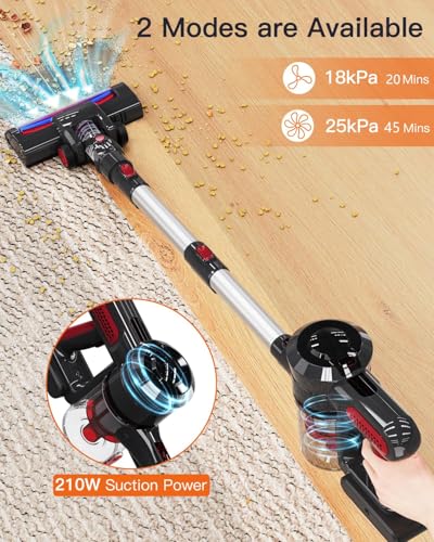 Cordless Vacuum Cleaner, 25kPa Powerful Vacuum Cleaners for Home, Stick Vacuum Rechargeable with 2200mAh Detachable Battery, Up to 45 Mins, Portable Handheld Vacuum for Hardwood Carpet Pet Hair