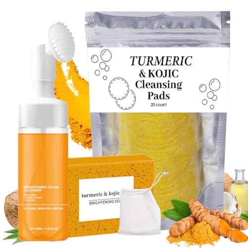 Turmeric Wash and Care Three Piece Set Tuemeric Facial Cleanser & Turmeric Soap Bar & Turmeric Face Scrub Pads Turmeric Cleansing Skincare Set for Face & Body Deep Cleansing