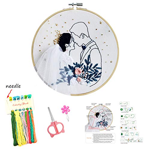 Minone Wedding Cross Stitch 1Pc Bride Embroidery Kit For Beginners, Starter Embroidery Set With Stamped Pattern & Instructions, 1 Bamboo Embroidery Hoop, Threads & Tools #TOP1