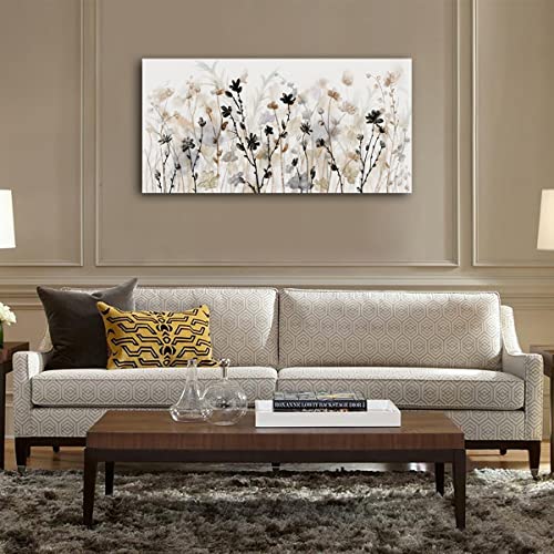 Image of Framed Flower Canvas Wall Art Abstract Grey Cream Brown Wildflowers Canvas Pictures Landscape Artwork Canvas Prints for Home Living Room Bedroom Kitchen Office Wall Decor Ready to Hang 24 inchx 48 inch